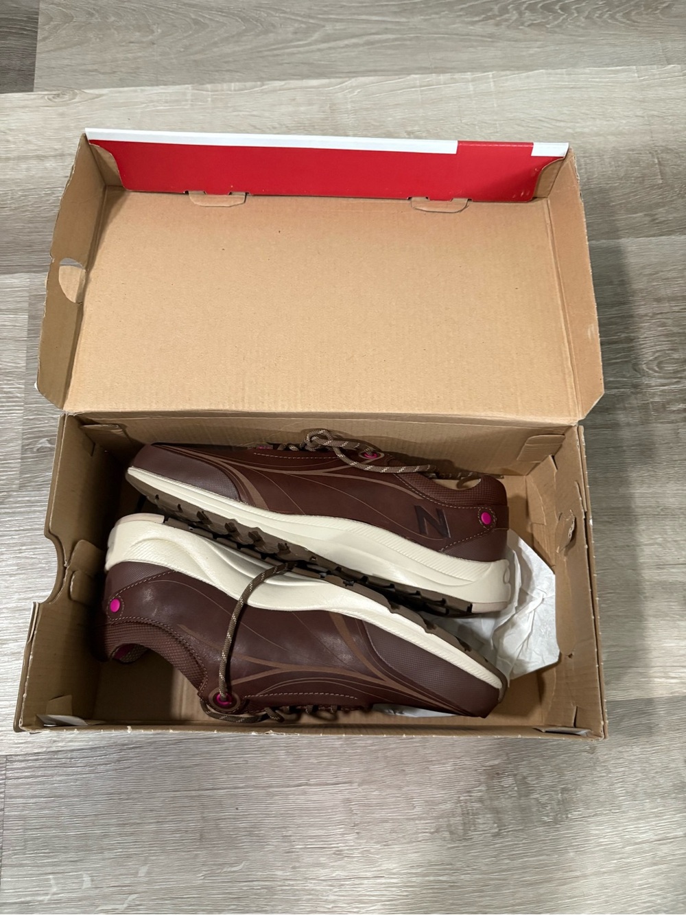New Balance Brown Leather Sneakers with Pink Accents